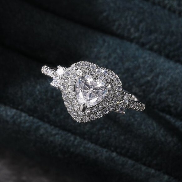 😍Diamond Heart CZ Shiny 14k White Gold Luxury Macro Pave Ring for Women, K852 - Picture 5 of 11